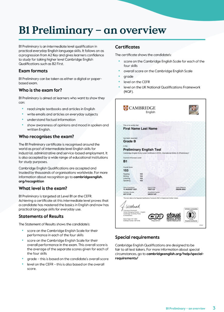 B1 Preliminary Handbook for teachers for exams